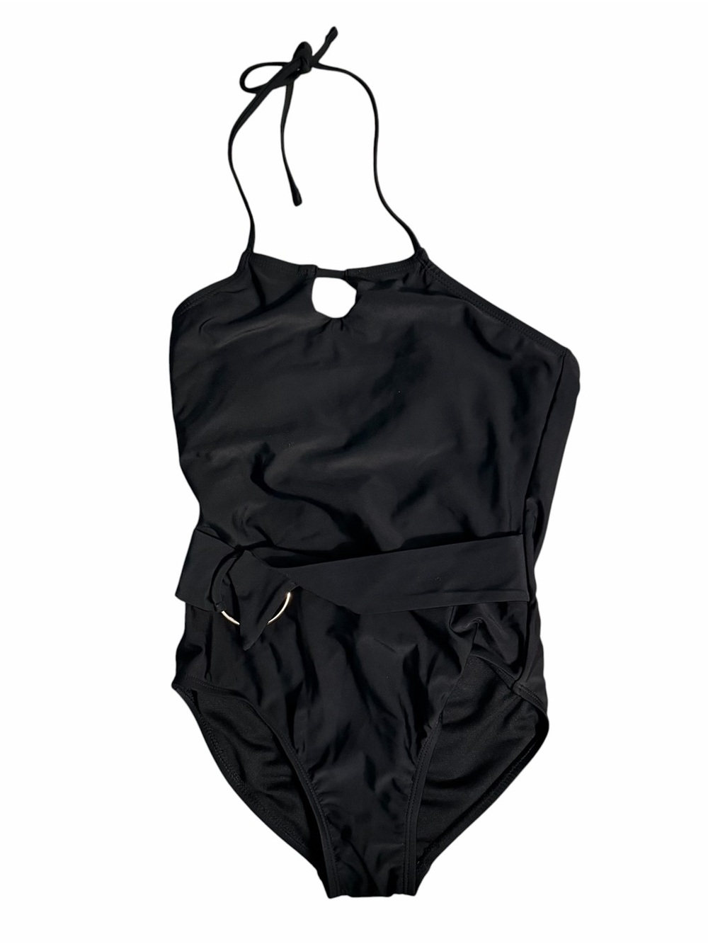 Raisins Girls One-Piece Swimsuit Halter Keyhole Neck Size 10 Black Waist Belt